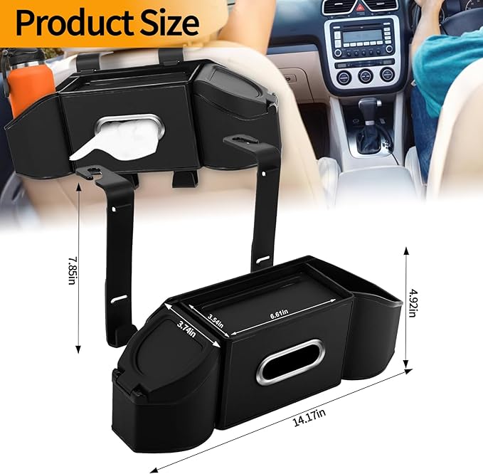 Oivjckx 7-In-1 Multifunctional Car Seat Back Organizer with Cup Holders, Tissue Box, Garbage Can & Hooks, Headrest Storage & Cup Holder for Backseat (Black)