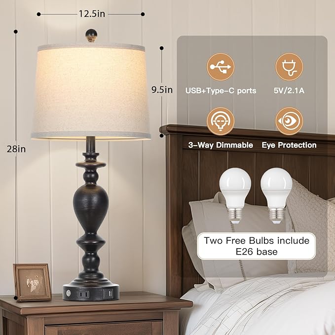 luxeflow 28" Tall Farmhouse Bedside Lamp Set of 2,Black Vintage Bedside Lamps with USB C+A Ports & AC Outlet,3-Way Dimmable Touch Lamp for Night Stands Living Room Bedroom,Black-2