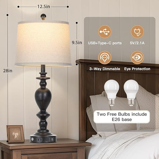 luxeflow 28" Tall Farmhouse Bedside Lamp Set of 2,Black Vintage Bedside Lamps with USB C+A Ports & AC Outlet,3-Way Dimmable Touch Lamp for Night Stands Living Room Bedroom,Black-2