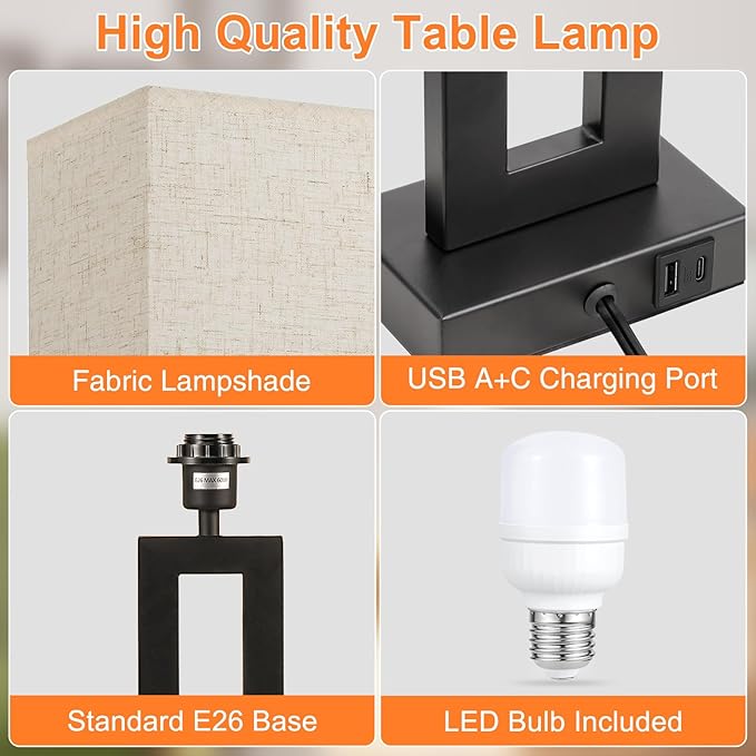 Cream & Black Modern Bedside Lamps - 22" Tall, Touch USB C+A, 3 Way Dimmable Set of 2 for Night Stands & End Tables