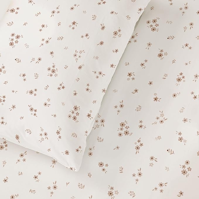 MakeMake Organics Organic Full Fitted Sheet Set GOTS Certified Organic Cotton Fitted Sheet with Pillowcase Ultra Soft Non Toxic Breathable Ditsy Flowers Modern Girls Room (Full, Bloom)