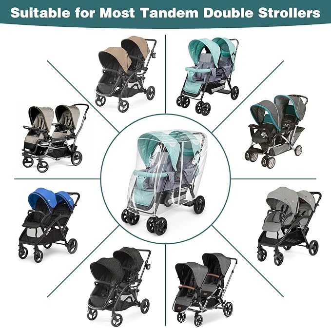 Double Stroller Rain Cover, Waterproof Weather Shield for Tandem Double Stroller, Twins Stroller Cover for Rain/Wind/Snow/Cold/Dust, Childseat Stroller Weather Shield, Baby Outdoor Accessories