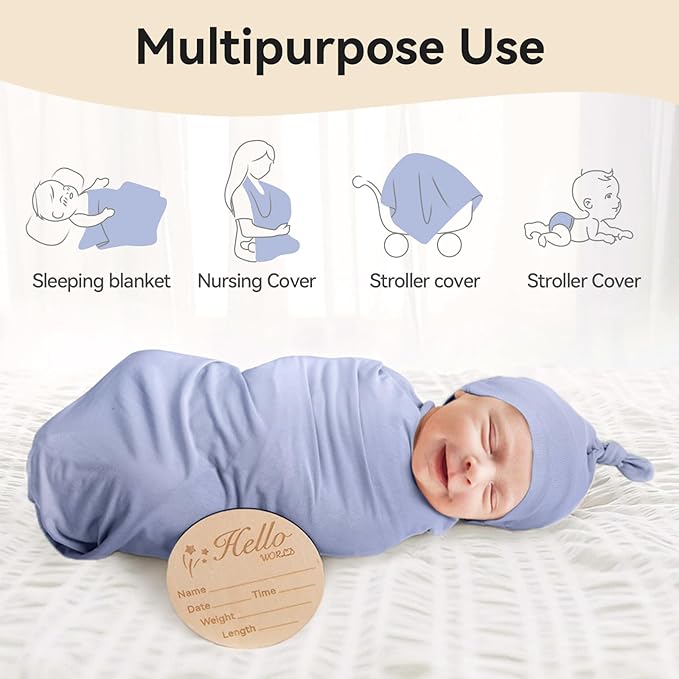 Rayon Made from Bamboo Newborn Swaddle Blanket Set with Matching Beanie, Super Soft Stretchy Baby Clothes Outfit for Girl Boy, Receiving Blankets Newborn Essentials, 35 x 35 Inch