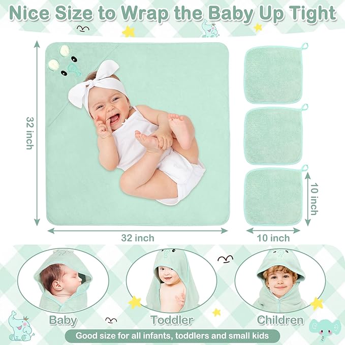 4 PCS Baby Towel Set, Hooded Bath Towel for Infants, Toddlers and Kids, Soft Animal Baby Bath Towels & 3 PCS Washcloths, 32x32 in Hooded Baby Bath Towel for Boy and Girl (Green Elephant)
