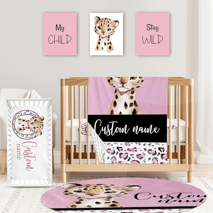 Personalized Baby Crib Bedding Set: 4 Piece Custom Pink Leopard Crib Bed Set with Name, Nursery Bedding Set for Baby Girls, Newborn Boys Crib Sets, Crib Bedding Custom Gift, Crib Sheet