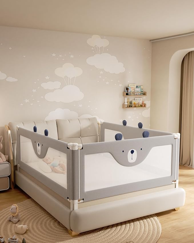 Baby Bed Rail Guard for Toddlers, Reinforced 74.8in Toddler Bed Rails for Twin, Full, King Bed with Height Adjustable, Extral Tall Child Safety Side Railing Guards/Bedrail for Kids, Grey Bear, 1 Side