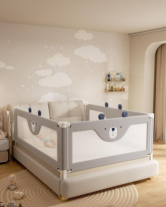 Baby Bed Rail Guard for Toddlers, Reinforced 60in Toddler Bed Rails for Queen Bed with Height Adjustable, Extral Tall Child Safety Side Railing Guards/Bedrail for Kids,Grey Bear, 1 Side 60" Lx28 H