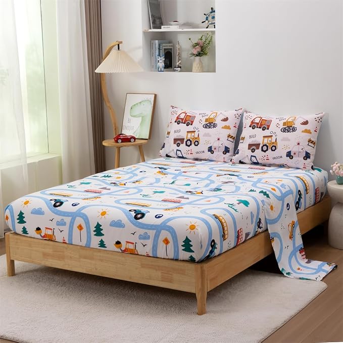 NTBED 5 Pieces Construction Full Comforter Set for Boys Kids Fire Truck Vehicles Excavator Lightweight Microfiber Bedding Sets