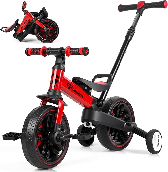 Kids Balance Bike with Push Handle, Tricycle for Toddlers 1-3 Years Old, Kids Bicycle with Adjustable Seat, Removable Pedals, Auxiliary Wheels, Foldable Metal Frame