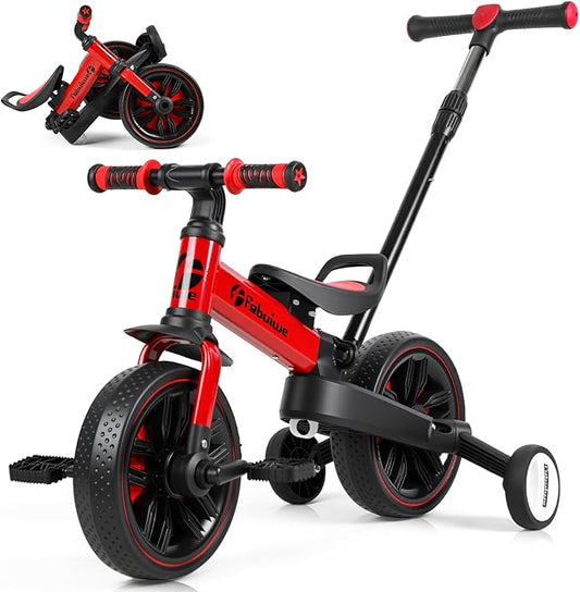 Kids Balance Bike with Push Handle, Tricycle for Toddlers 1-3 Years Old, Kids Bicycle with Adjustable Seat, Removable Pedals, Auxiliary Wheels, Foldable Metal Frame