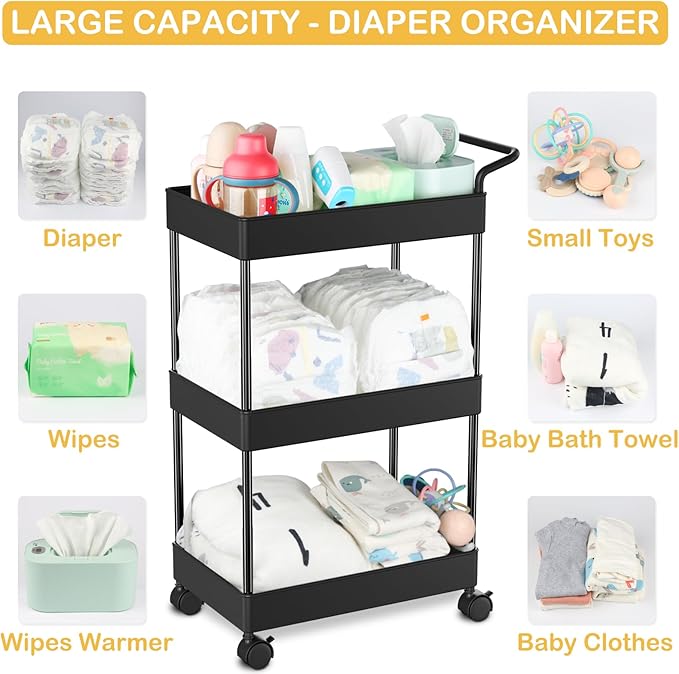 Volnamal Baby Diaper Caddy – Plastic Diaper Organizer for Nursery Essentials, Movable Cart for Changing Table & Crib, Easy to Assemble, Black