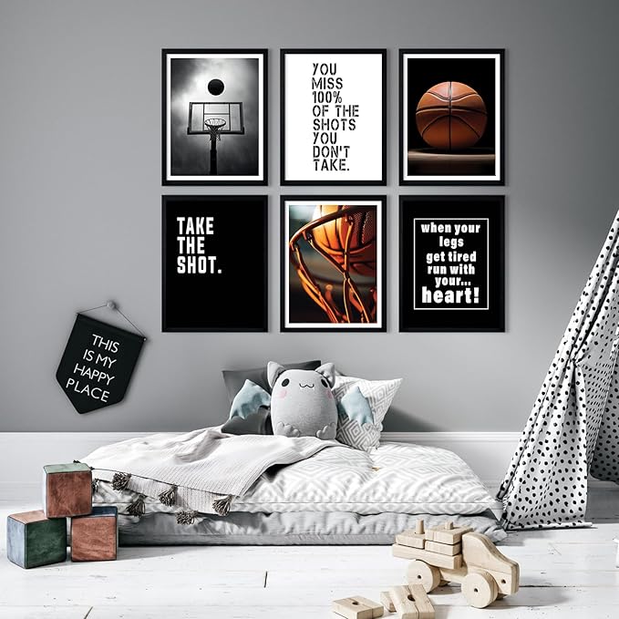 Basketball Wall Art Sports Canvas Poster Boys Room Wall Decor Inspirational Basketball Prints Motivational Quote Pictures Teen Sports Painting Black White Artwork for Kids Bedroom 12x16 Inch Unframed