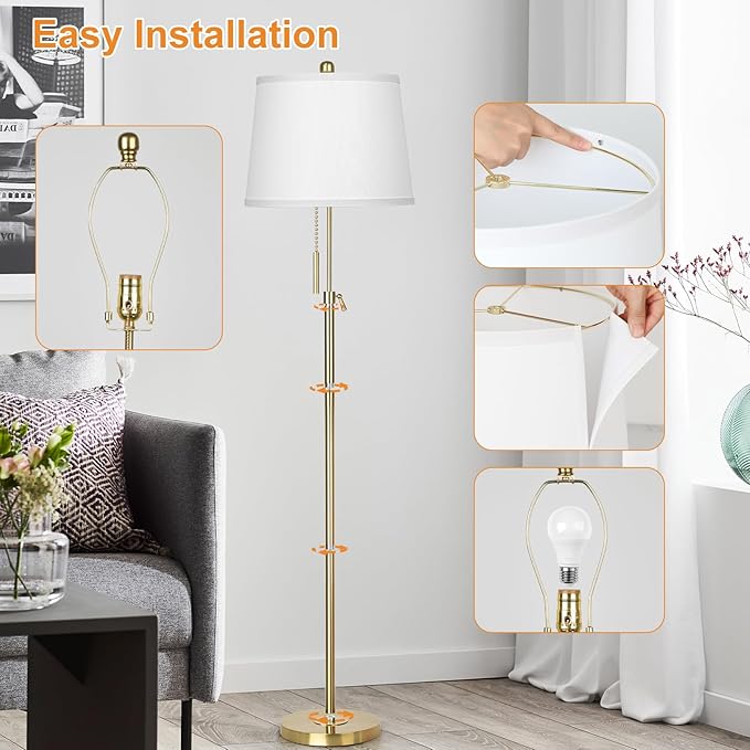 JUNNAI Gold Floor Lamp for Living Room, Tall Standing Lamp 55-65" Adjustable Modern Brass Floor Lamps for Bedroom Reading Office Kids 3 Color Lights Corner Night Stand (9W LED Bulb, White Shade)