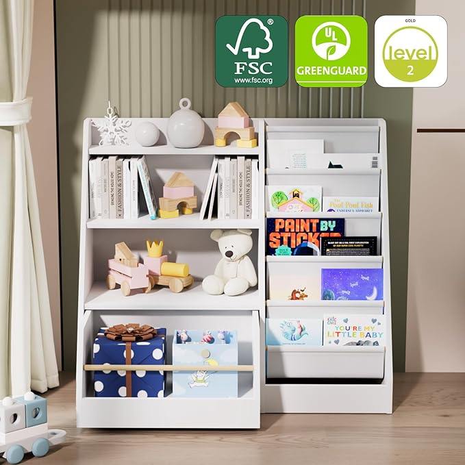 HedoAjim Kids Bookshelf with Toy Storage Organizer Movable Drawer, Toddler Bookcase 5 Sling Child Book Rack 4-Tier Shelf Cabinet Chest with Wheels for Nursery,Playroom,Bedroom,Living Room,Classroom