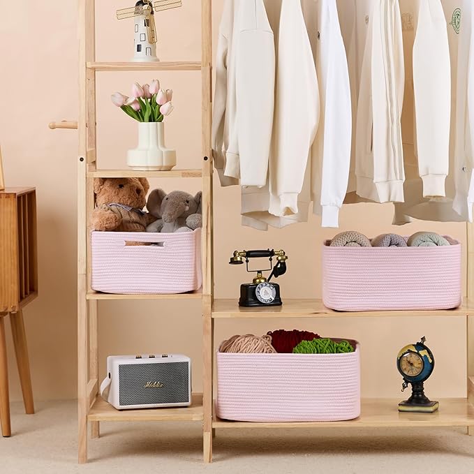 MiniArk Large Storage Baskets for Shelves, Closet Organizers Bins for Clothes Blanket Towels, Baby Nursery, Toy Baskets Box, Woven Rope Baskets, 17 x 13 x 7.5”, 2 Packs Light Pink