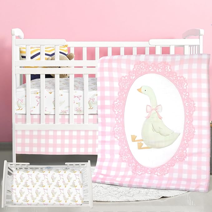 3 Pcs Baby Crib Bedding Set Silly Goose Baby Crib Sets Goose Nursery Decor Includes Quilt, Fitted Sheet, Skirt for Girl(Pink)
