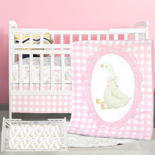 3 Pcs Baby Crib Bedding Set Silly Goose Baby Crib Sets Goose Nursery Decor Includes Quilt, Fitted Sheet, Skirt for Girl(Pink)
