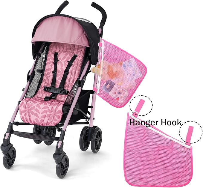 Peixiong 2 Pack Side Sling Cargo Stroller Net, Universal Stroller Organizer Bag, Non-Slip and Adjustable Straps Storage Mesh Cargo Net for Stroller Storage (Pink)