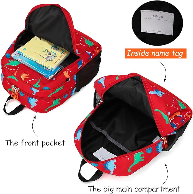 JinBeryl Toddler Backpack for Boys or Girls, Little Kids Backpack for Preschool or Kindergarten (Dinosaur Red, Mini)