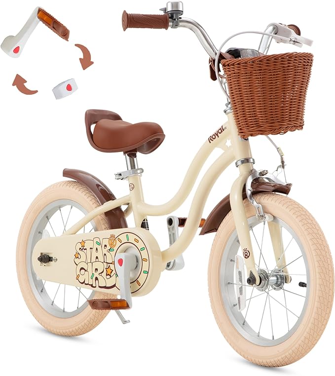 RoyalBaby Girls Bike EZ Kids Bike Stargirl Training Free Balance to Pedal Easy Learning Bicycle, 14 Inch for Toddlers & Big Kids, Brown
