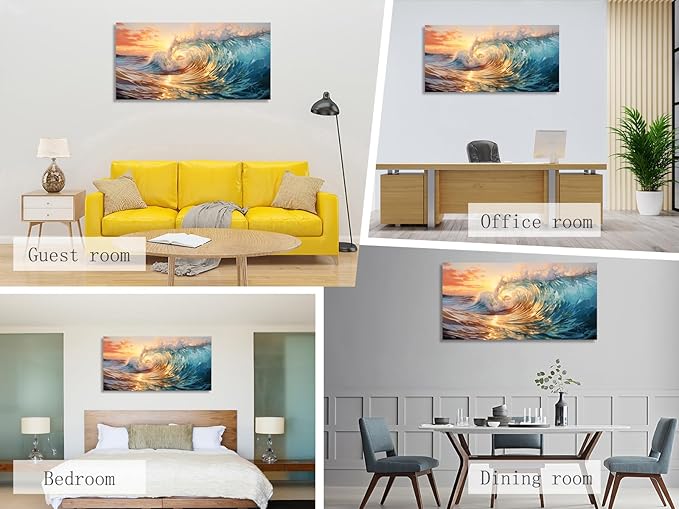 KUNHAAH Wall Art Canvas Painting Big Waves in The Sea 1 Piece Ocean Sunset Huge Waves Nature Picture Poster Print Framed and Stretched Ready to Hang for Living Room Bedroom Artework