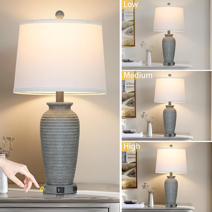 CINSARY 25" Grey Farmhouse Jar Table Lamps, 3 Way Touch Control Rustic Bedside Lamps with USB A+C Ports & AC Outlet, Pot Nightstand Lamps for Bedroom End Table (LED Bulbs Included)