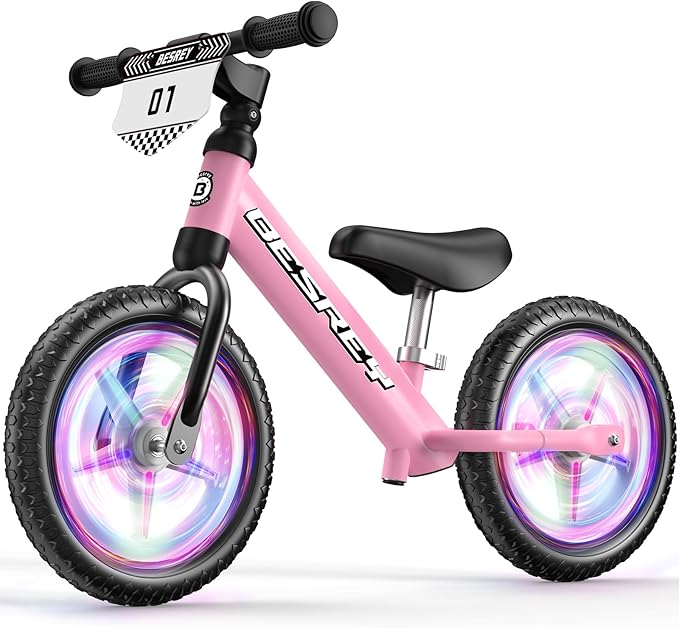 besrey Toddler Balance Bike 2 Year Old: Sturdy All-Metal Frame + 12" Auto-Light Wheels & Bonus 4 Stickers + Customize Plate, Toddler Bike with Adjustable Seat for Kids 2-5 Gift Bike for Boys Girls