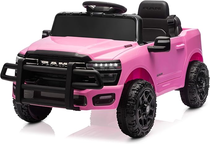 Kidzone Ride On Truck for Kids, Licensed RAM 3500 12V Battery Powered Electric Car Toy with Remote Control, LED Lights, Bluetooth Music & Rear Suspension - Pink