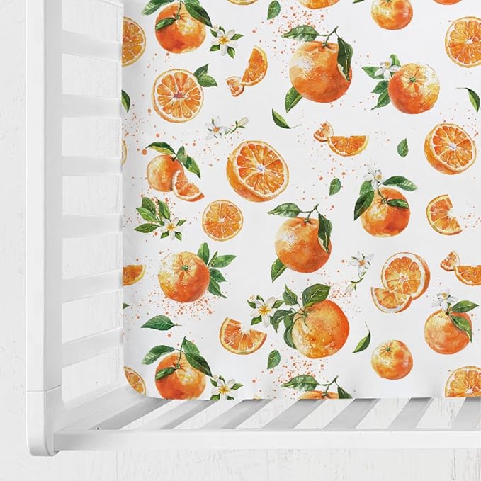 Watercolor Oranges Baby Crib Sheets 52''x28'' Retro Oranges Floral Leaves Stretchy Fitted Crib Mattress Cover for Boy Girl Boho Summer Fruits Soft Bed Sheets for Standard Crib Toddler Mattress