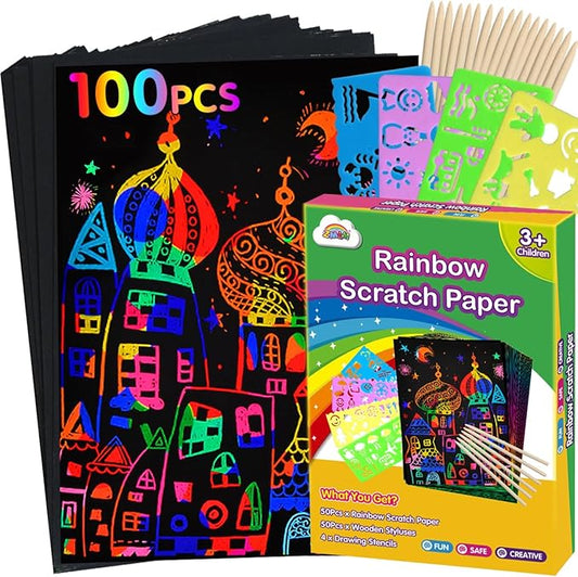 ZMLM Scratch Paper Art Set: 100Pcs Magic Drawing Art Craft Kid Scratch Paper Supplies Toddler Preschool Learning Toys for Age 3 4 5 6 7 8 Girls Boys Birthday Activities Party Favors
