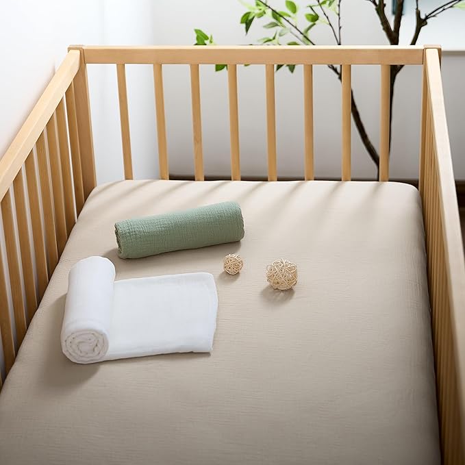 Meracorallo Muslin Crib Sheet, 100% Cotton Fitted Crib Sheet 28x52 Soft and Breathable Baby Boys Girls Cover for Standard Crib and Toddler Mattresses, Beige