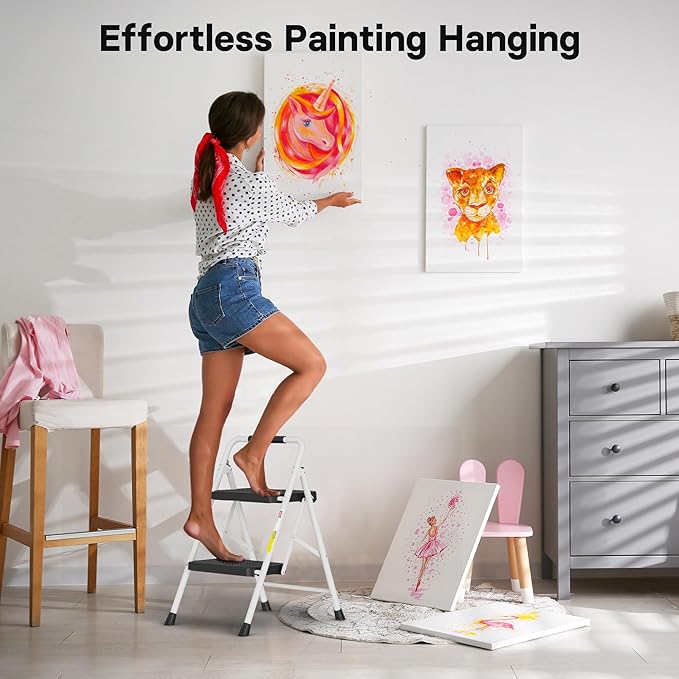 BONTEC 2-Step Ladder, Folding Step Stool, 600lbs Max Load Capacity, Sturdy Steel, Non-Slip Pedals, Lightweight, Portable Steel Ladder with Convenient Handrail, Safety Design for Home & Work, White