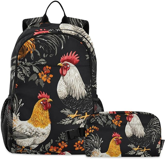 Jucciaco Roosters and Hens Kid's Backpack with Lunch Bag for Boys Girls Travel School Backpack Sets