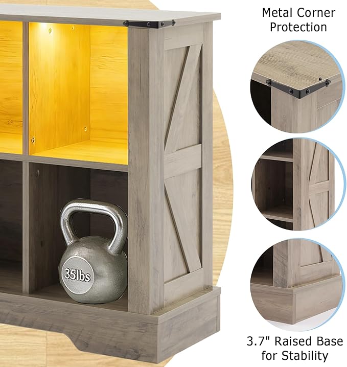 Puntogen 6 Cube Storage Organizer, Wood Cube Bookshelf with LED Lights, Horizontal Storage Cubes, Kids Bookshelf, Display Cabinet Cubby Shelf for Living Room Home Office Bedroom, Grey