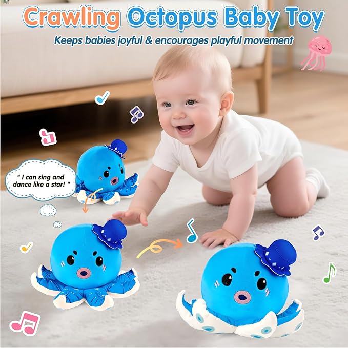 Baby Musical Toy for 6-12 Months, Rechargeable Crawling Octopus Plush with 40 Songs & Voice Recording – Interactive Tummy Time Toy, Soft Sensory Toy for Toddlers 1-3, Baby Gifts for 1 Year Old