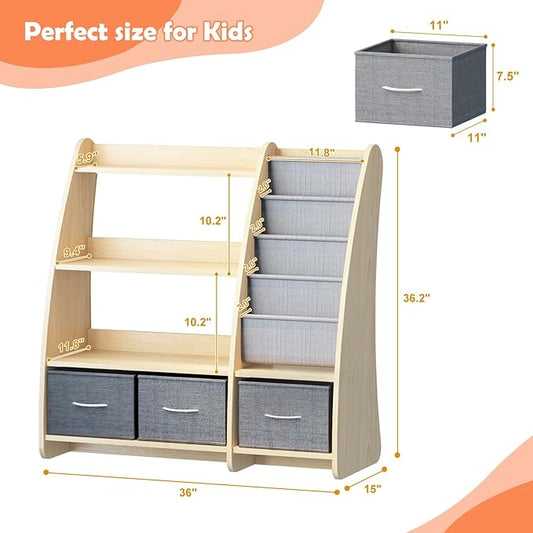 HedoAjim Kids Bookshelf Wood Toy Storage Organizer Cabinet Children Bookcase Toddler Baby Sling Book Rack 3 Cube Bins Sail Boat Arc Shape for Playroom Bedroom Nursery Classroom