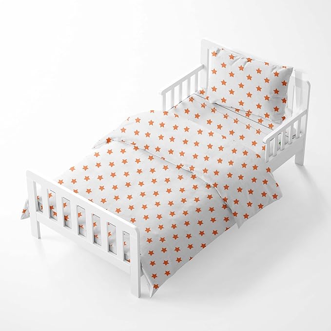 Bacati - Muslin Ikat Stars 4 Piece Neutral Toddler Bedding Set 100 Percent Cotton Includes Reversible Comforter, Fitted Sheet, Top Sheet, and Pillow Case (4 pc Toddler Bedding Set, Orange Stars)