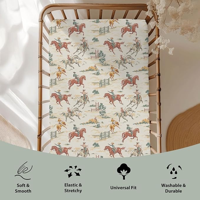 Vintage Western Cowboy Baby Crib Sheets for Boy Girl 28"x52" Retro Cowboy Horse Cactus Soft Stretchy Fitted Crib Mattress Cover Wild Desert Baby Sheet for Standard Crib & Toddler Mattress Pads