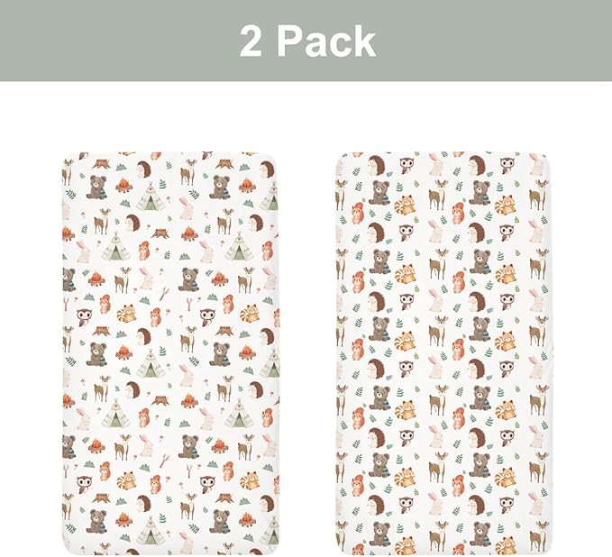 Camping Animals Baby Crib Sheets for Boy Girl 52x28In Bear Deer Raccoon Squirrel Bunny Hedgehog Owl Soft Snug Fitted Crib Mattress Cover Baby Sheet for Standard Crib & Toddler Mattress 2 Pack