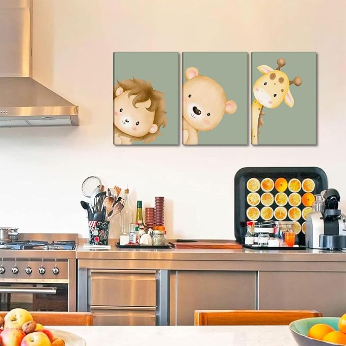 Ekiyuse Nursery Animal Wall Art Safari Animal Neutral Jungle Paintings Pictures Wall Decor Framed Boho Giraffe Lion And Teddy Bear Poster Printing Artwork for Kids Room Boys And Girls Home Decoration