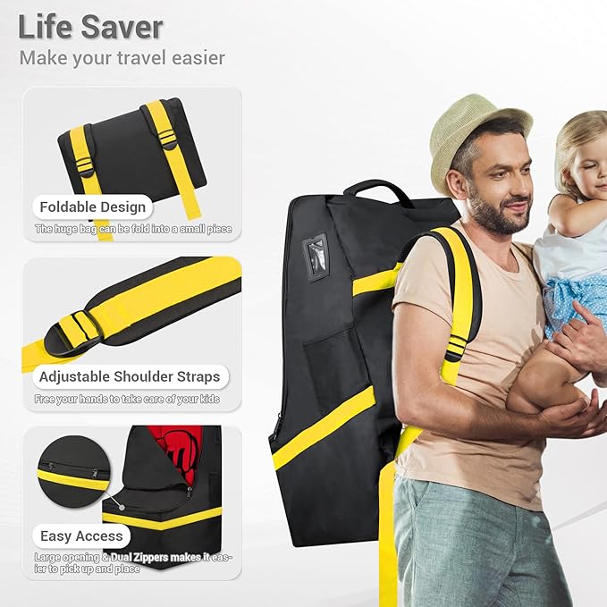 ProFaster Car Seat Travel Bag - Padded, Comfortable, Durable, Roomy Gate Check Carseat Cover Backpack Fits 3-in-1，Convertible, Booster & Infant Car Seats for Airplane, Airport, Yellow