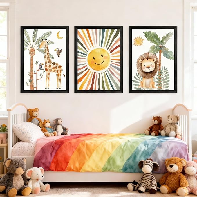 Cute Sun Lion Giraffe Quote Framed Wall Art Set of 4, 11x16 Boho Educational Animal Wall Sign for Baby Girl Kid Boy Toddlers, Wooden Inspirational Nursery Wall Decor Black