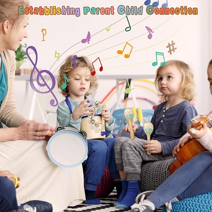 Musical Instruments-Toddler Musical Toys Wooden Montessori Musical Instruments for 1-3 Year Olds | Xylophone & Tambourine Percussion Set with Storage Bag for Kids Preschool Educational 3+