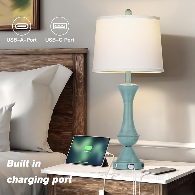 luxeflow 29" Coastal Tall Blue Table Lamps Set of 2 for Living Room, Touch Control Bedroom Lamps for Nightstand, 3-Way Dimmable Bedside Lamp with USB A+C Ports & AC Outlets (2 LED Bulbs Included)