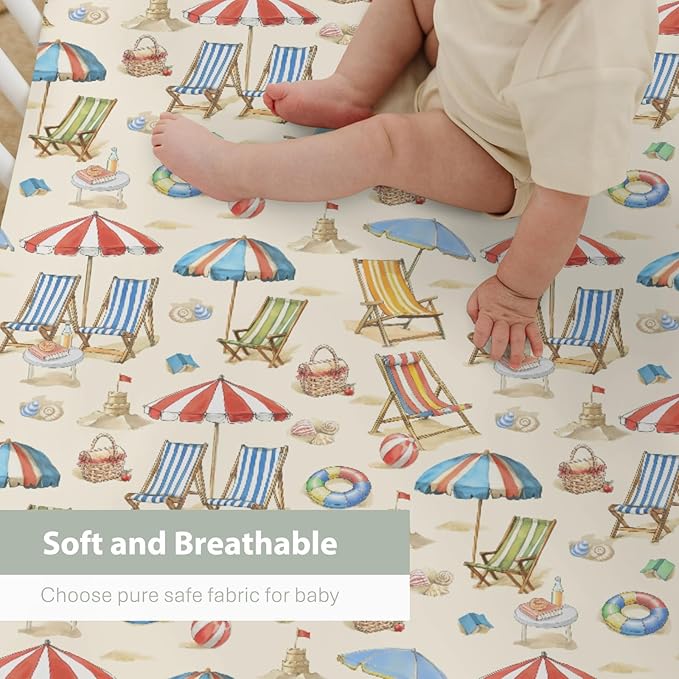 Fun Beach Days Baby Crib Sheets for Boy Girl 52"x28" Umbrella Beach Balls Summer Soft Stretchy Fitted Crib Mattress Cover Seaside Coastal Nursery Baby Sheet for Standard Crib & Toddler Mattress