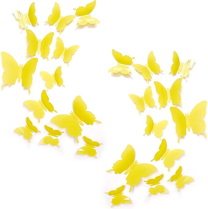 Cute Yellow Butterfly Wall Decor 24 pcs, Girls Room Wall Decals, Aesthetic Butterflies Stickers for Nursery Decorations, Baby Toddler Room Decor for Girls