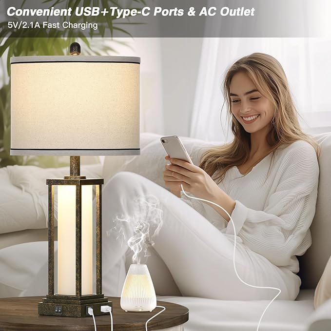 Cinkeda 27" Tall Vintage Table Lamp with USB C+A & Outlet,Bronze Industrial End Table Lamp for Living Room,Farmhouse Rustic Bedside Lamp with Frosted Glass Night Light for Bedroom Nightstand,Bronze-1P