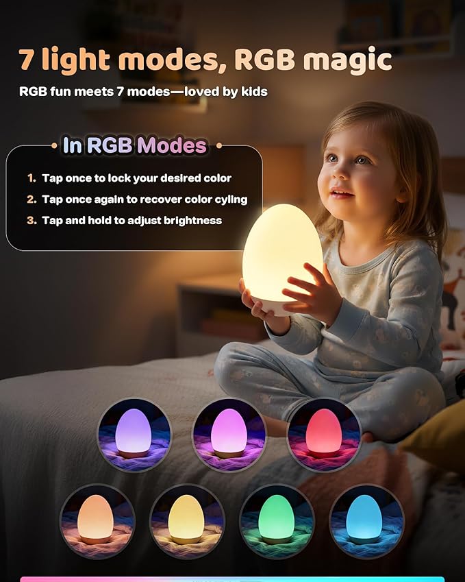 NICKLUC Egg Night Light for Nursery: Baby Night Lights Tap Lamp Stepless Dimming with Warm White and 7 RGB Colors Rechargeable Portable for Infant and Kids Bedroom Breastfeeding Sleep Aid