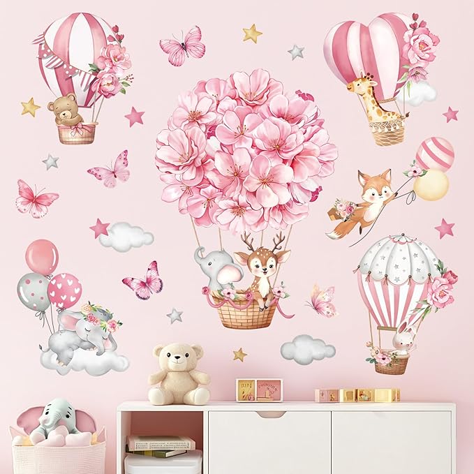 decalmile Pink Hot Air Balloon Animal Wall Decals Flowers Balloons Elephant Deer Fox Wall Stickers Girls Room Baby Nursery Kids Bedroom Wall Decor