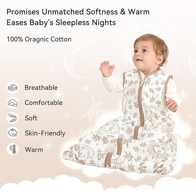 Baby Sleep Sack 6-12 Months 3 Pack 100% Cotton Lightweight 0.5 TOG Wearable Blanket Baby Sleep Bag with 2-Way Zipper for Newborn Infant Beige